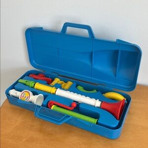 Fisher-Price 📯 Vintage 1984 Crazy Combo Horn Set With Bright Blue Storage Case